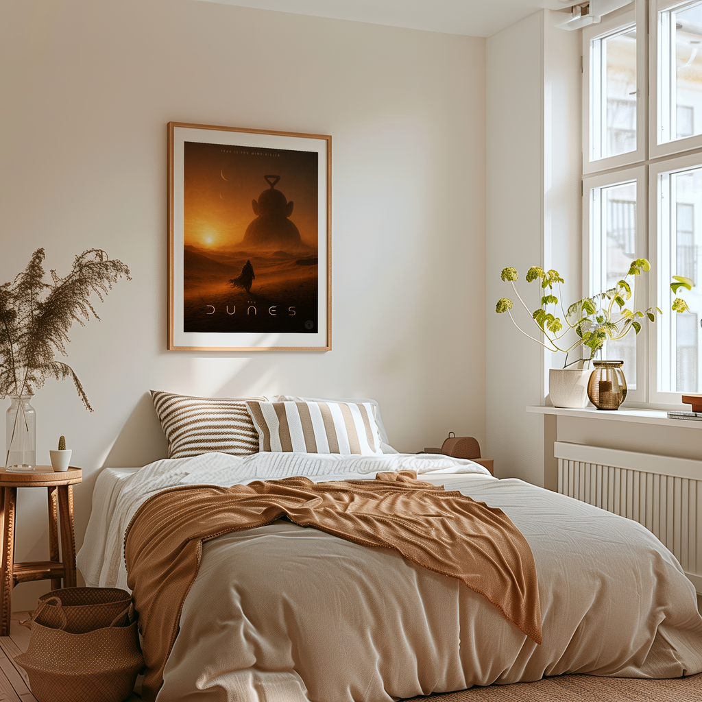 Bedroom with a large 'Dune' movie poster on the wall, natural light from windows, and decorative plants.