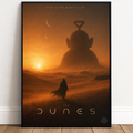 Movie poster for 'The Dunes' with a desert scene and silhouette of a figure.