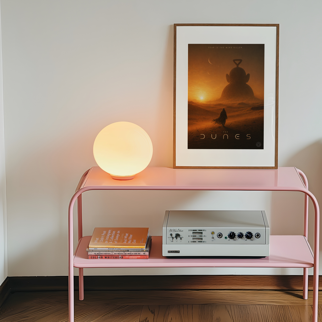 Pink shelf with a lamp, books, and a 'Dune' movie poster on a white wall.