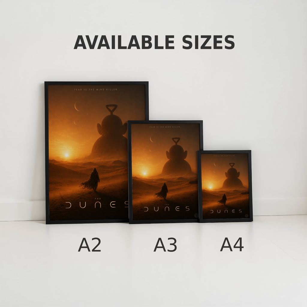 Three framed posters of 'The Dunes' with different sizes labeled A2, A3, and A4 on a white background.