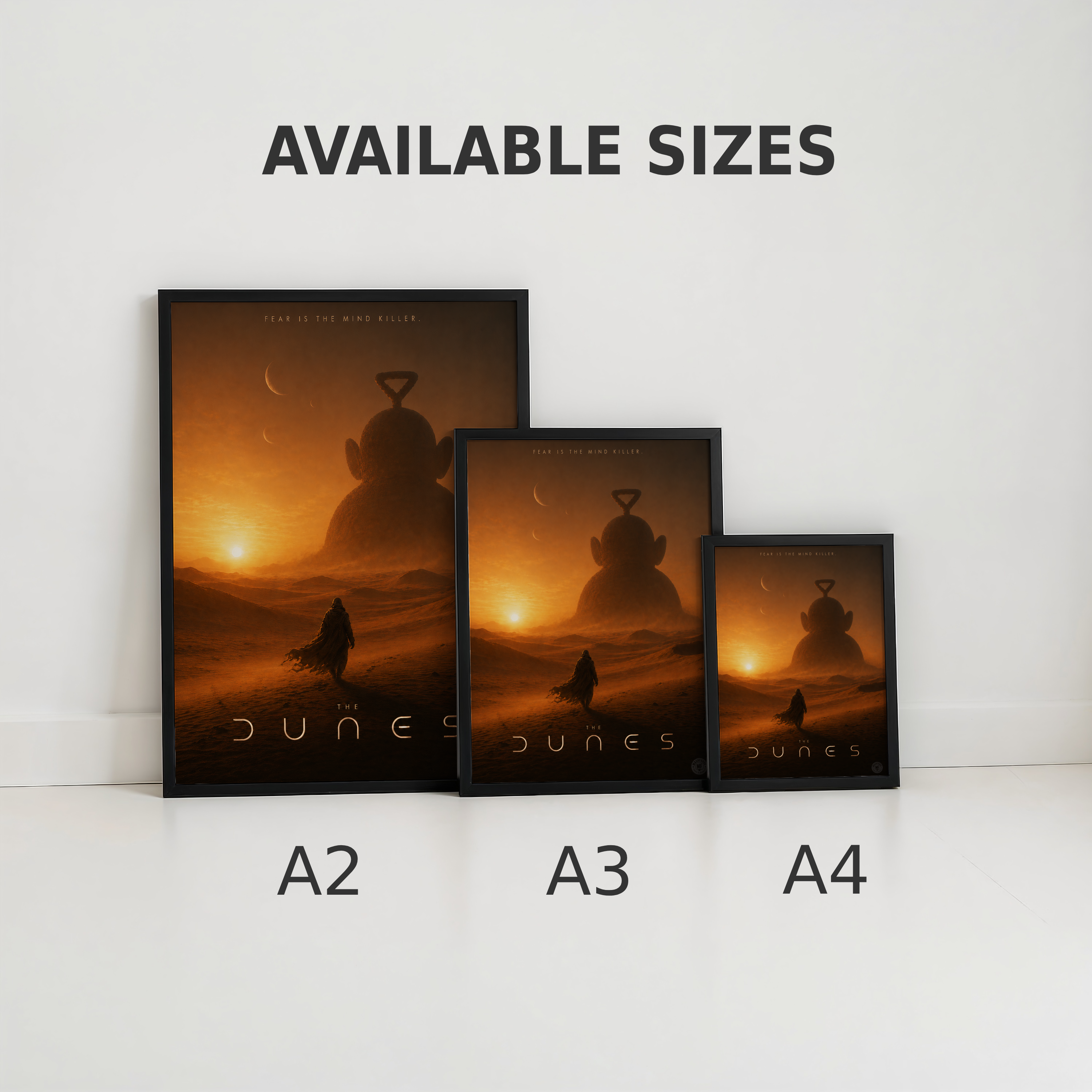 Three framed posters of 'The Dunes' with different sizes labeled A2, A3, and A4 on a white background.