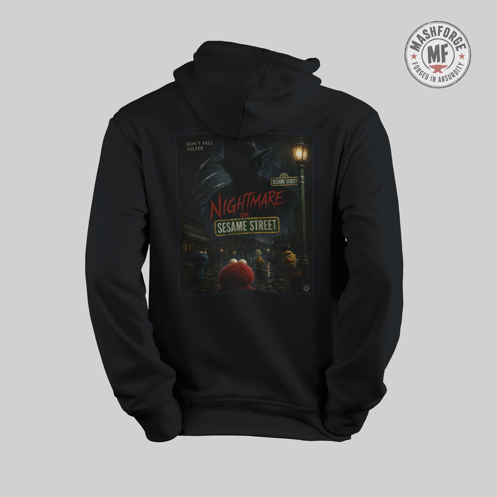 Black hoodie with 'Nightmare on Sesame Street' graphic on a gray background