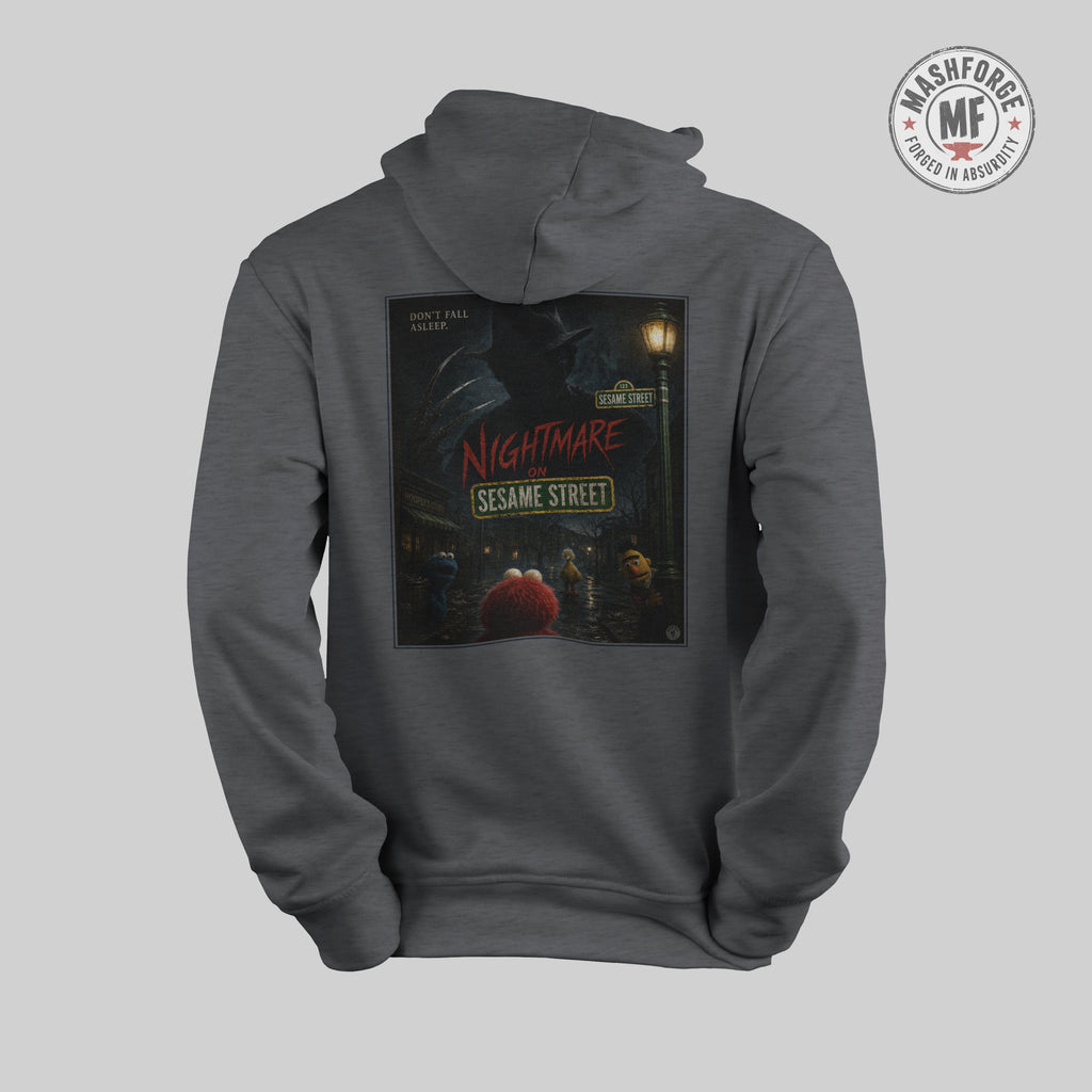 Gray hoodie with 'Nightmare on Sesame Street' graphic on the back against a light gray background.