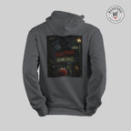 Gray hoodie with 'Nightmare on Sesame Street' graphic on the back against a light gray background.