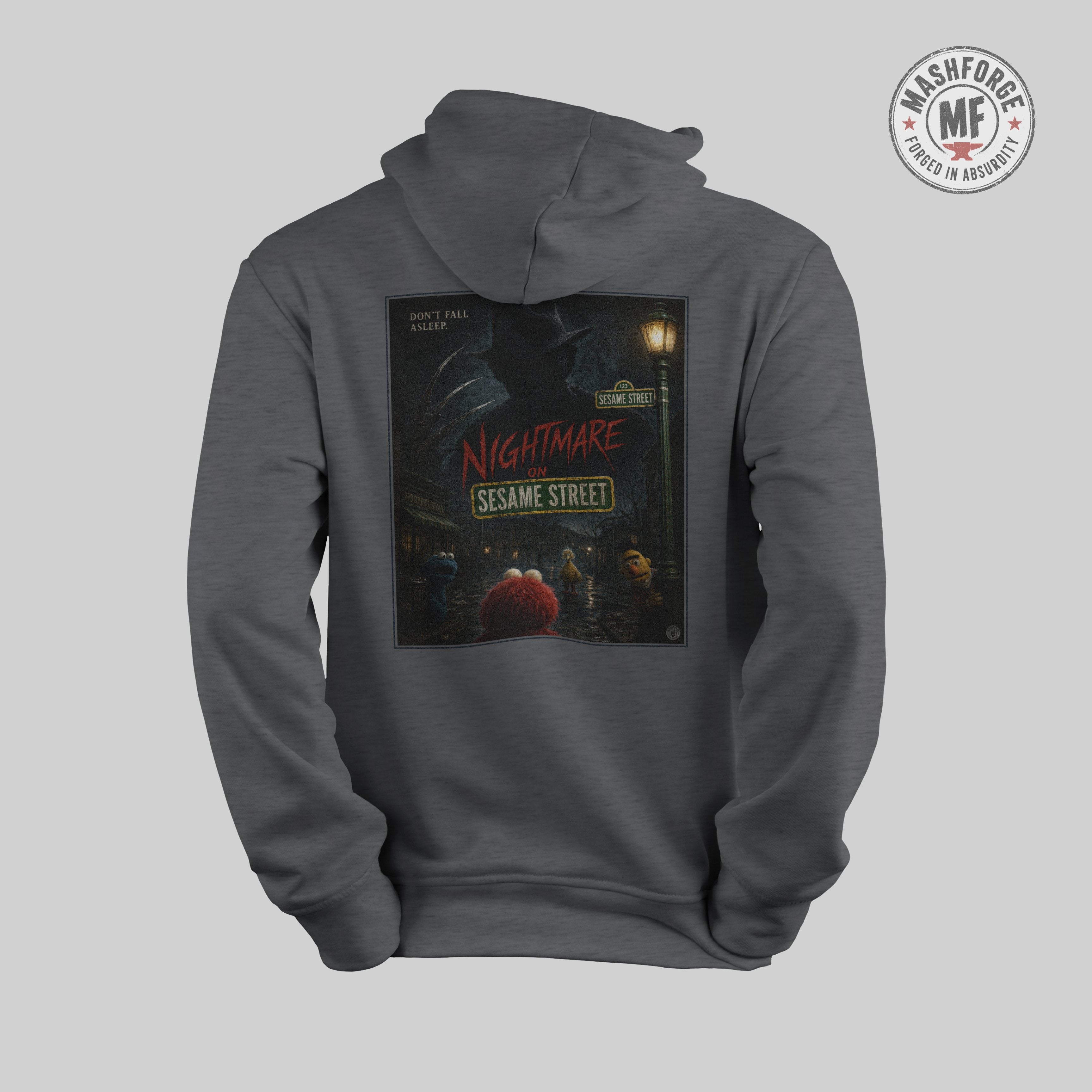 Gray hoodie with 'Nightmare on Sesame Street' graphic on the back against a light gray background.