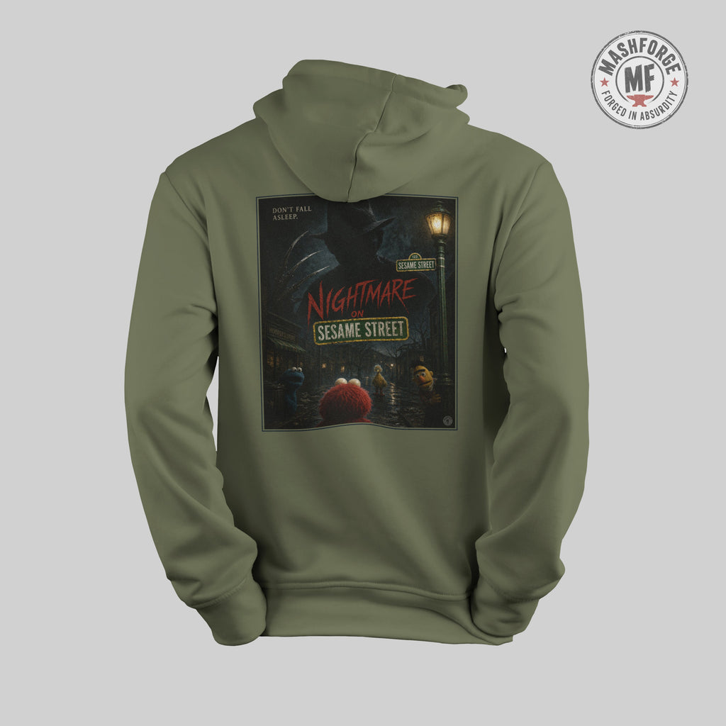 Green hoodie with 'Nightmare on Sesame Street' graphic on the back, on a light gray background.