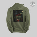 Green hoodie with 'Nightmare on Sesame Street' graphic on the back, on a light gray background.