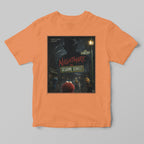 Orange t-shirt with 'Nightmare on Sesame Street' graphic design on a gray background
