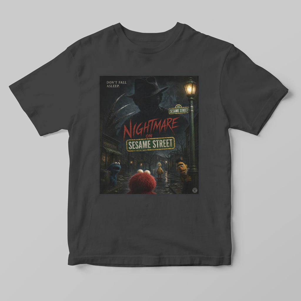 Black t-shirt with 'Nightmare on Sesame Street' graphic design on a gray background