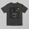 Black t-shirt with 'Nightmare on Sesame Street' graphic design on a gray background
