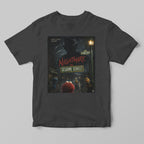 Black t-shirt with 'Nightmare on Sesame Street' graphic design on a gray background