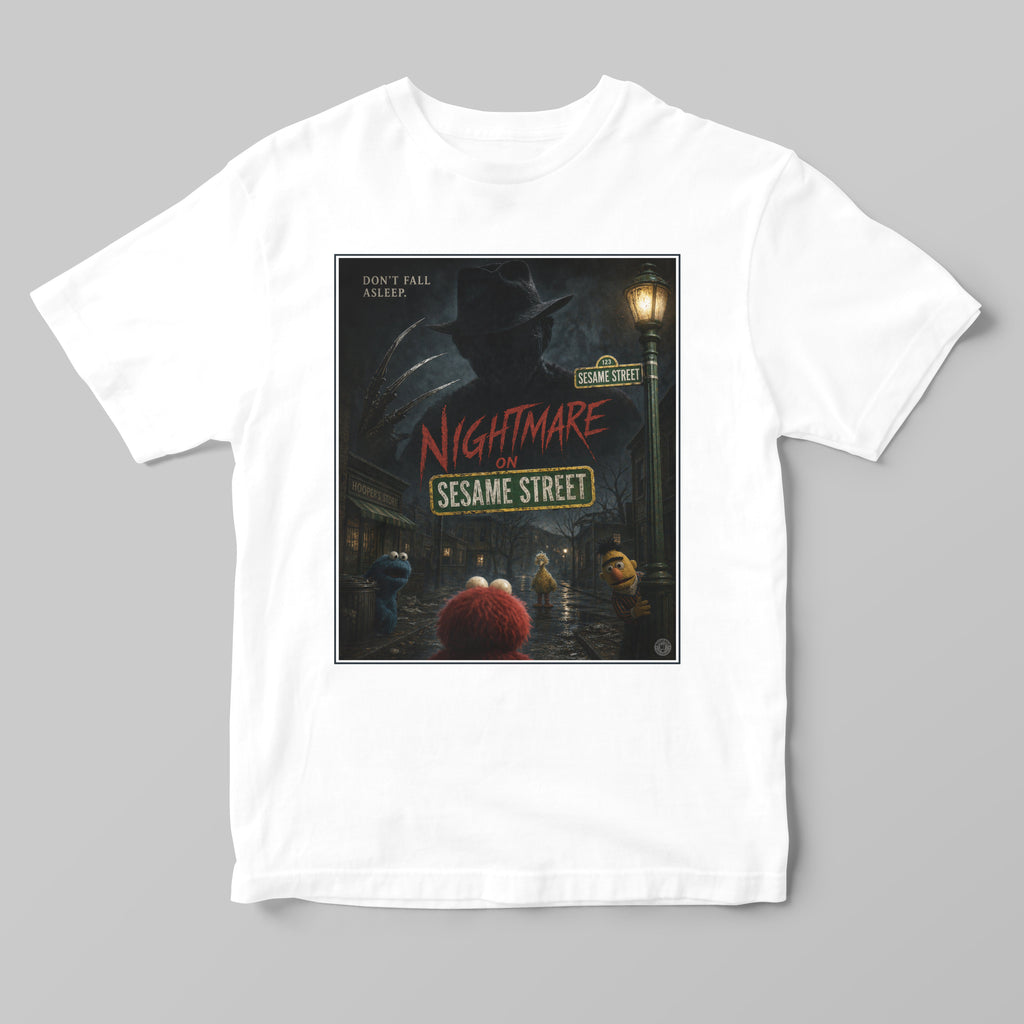 White t-shirt with 'Nightmare on Sesame Street' graphic design on a gray background