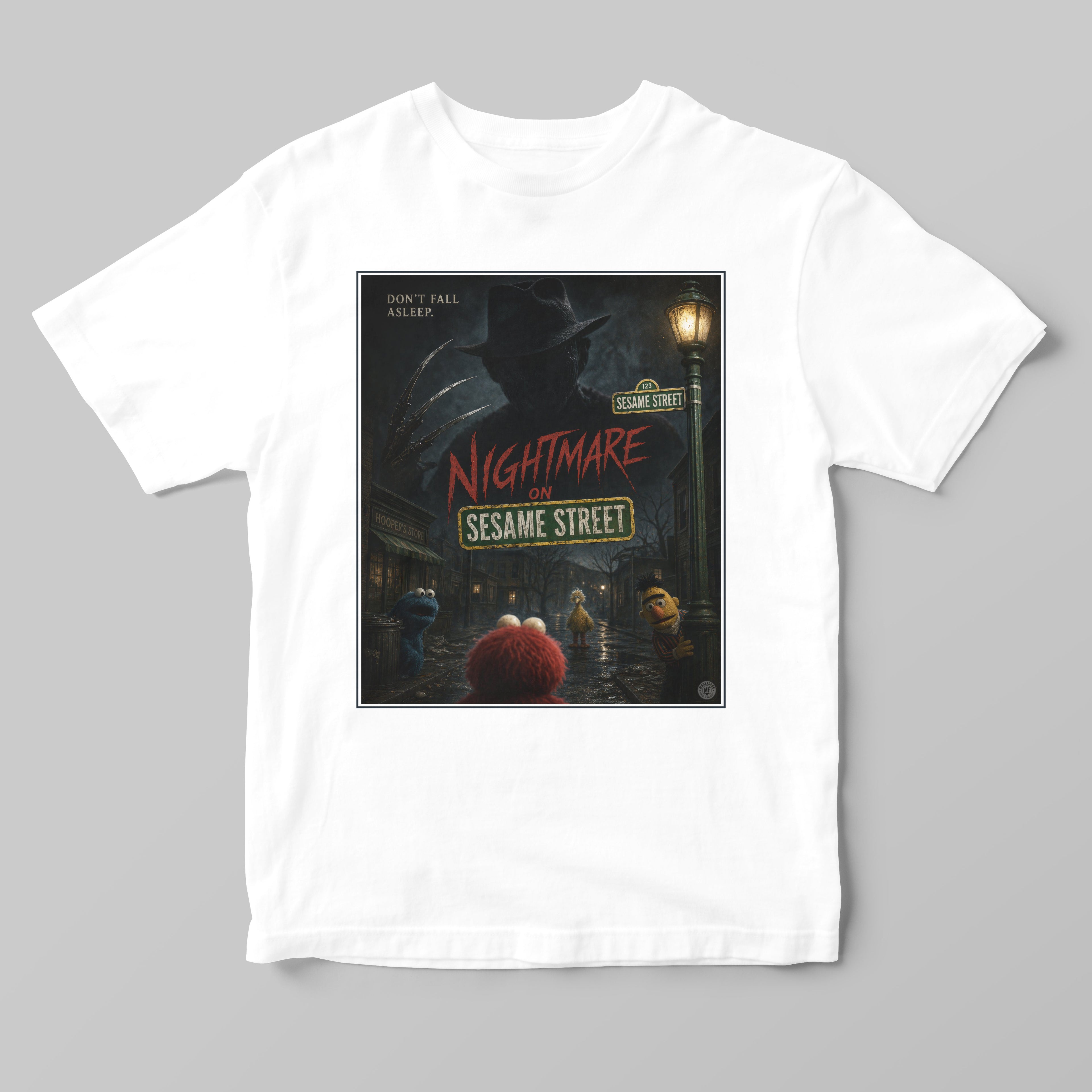 White t-shirt with 'Nightmare on Sesame Street' graphic design on a gray background