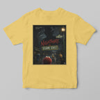 Yellow t-shirt with 'Nightmare on Sesame Street' graphic design on a gray background