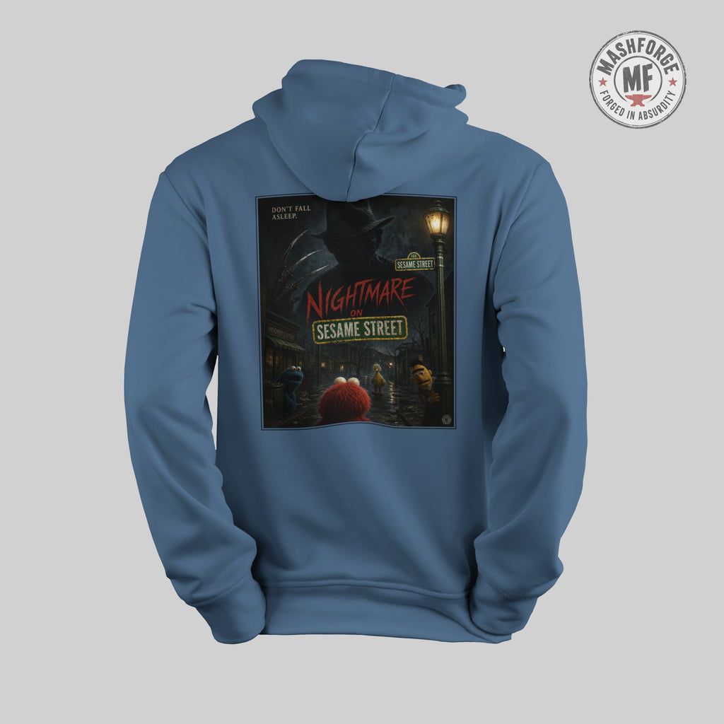 Blue hoodie with a graphic design on the back featuring 'Nightmare on Sesame Street' text.