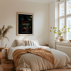 Bedroom with a framed poster on the wall above a bed