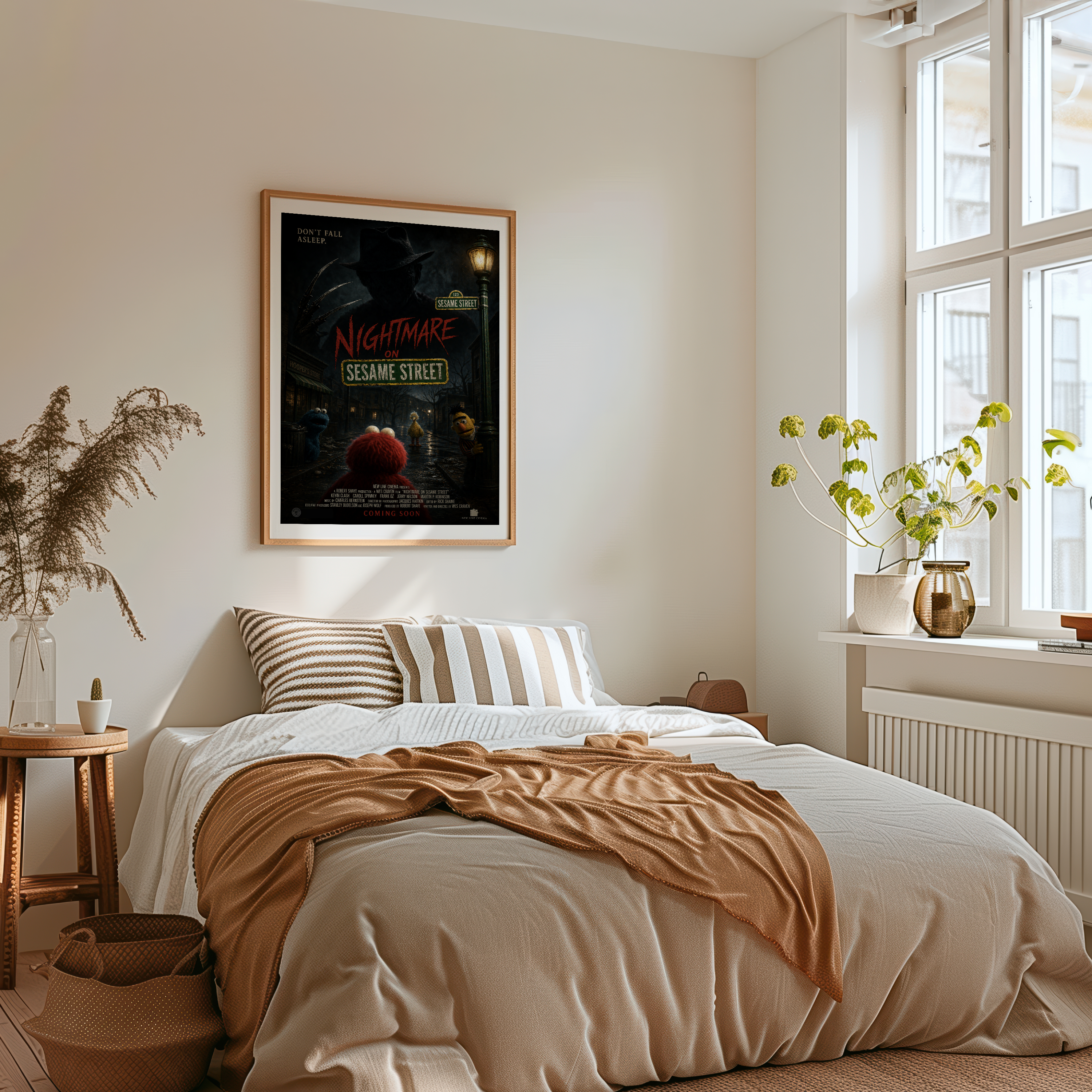 Bedroom with a framed poster on the wall above a bed