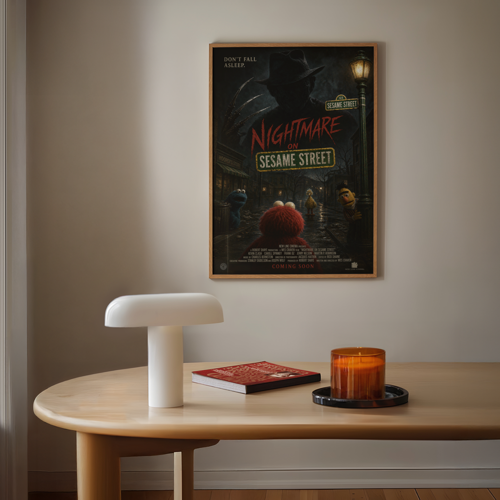 Poster of 'Nightmare on Sesame Street' above a table with a lamp and candle.