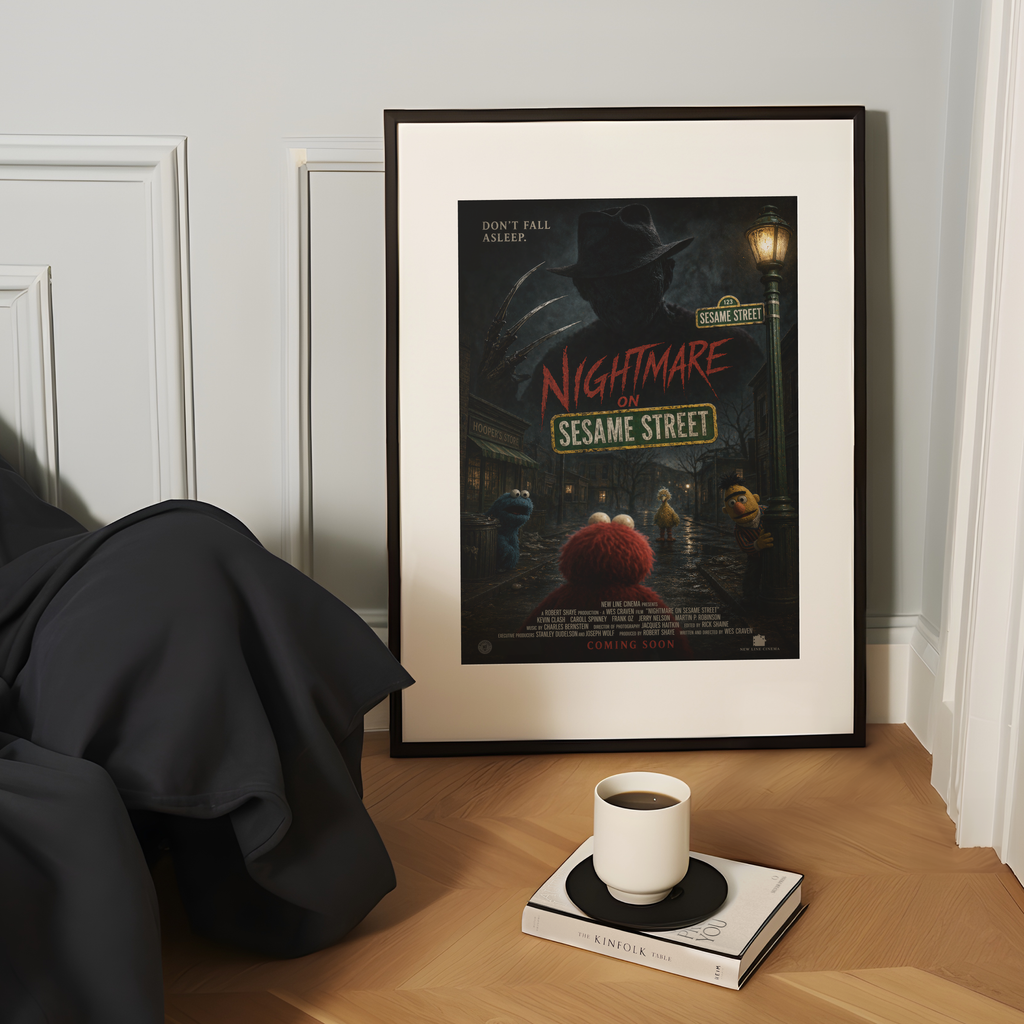 Framed 'Nightmare on Sesame Street' poster on a wall with a cup and book on a table.