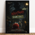 Movie poster for 'Nightmare on Sesame Street' with characters and text on a dark background.