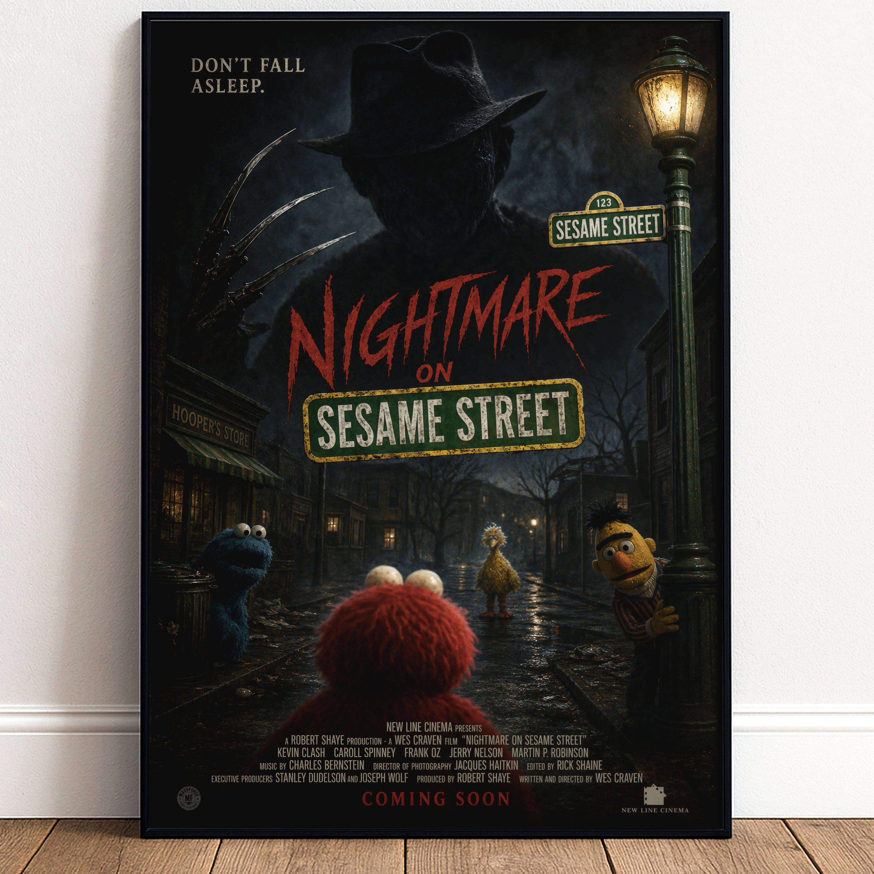 Movie poster for 'Nightmare on Sesame Street' with characters and text on a dark background.