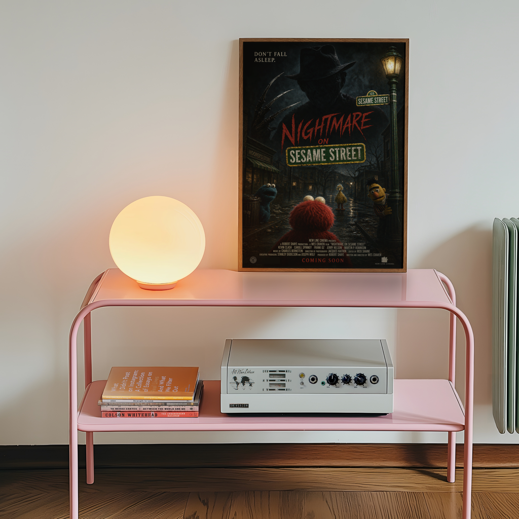 Pink shelf with a lamp, books, and a vintage radio player against a wall with a 'Nightmare on Sesame Street' poster.