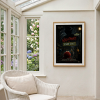 Framed 'Nightmare on Sesame Street' poster on a wall with a window view of flowers.