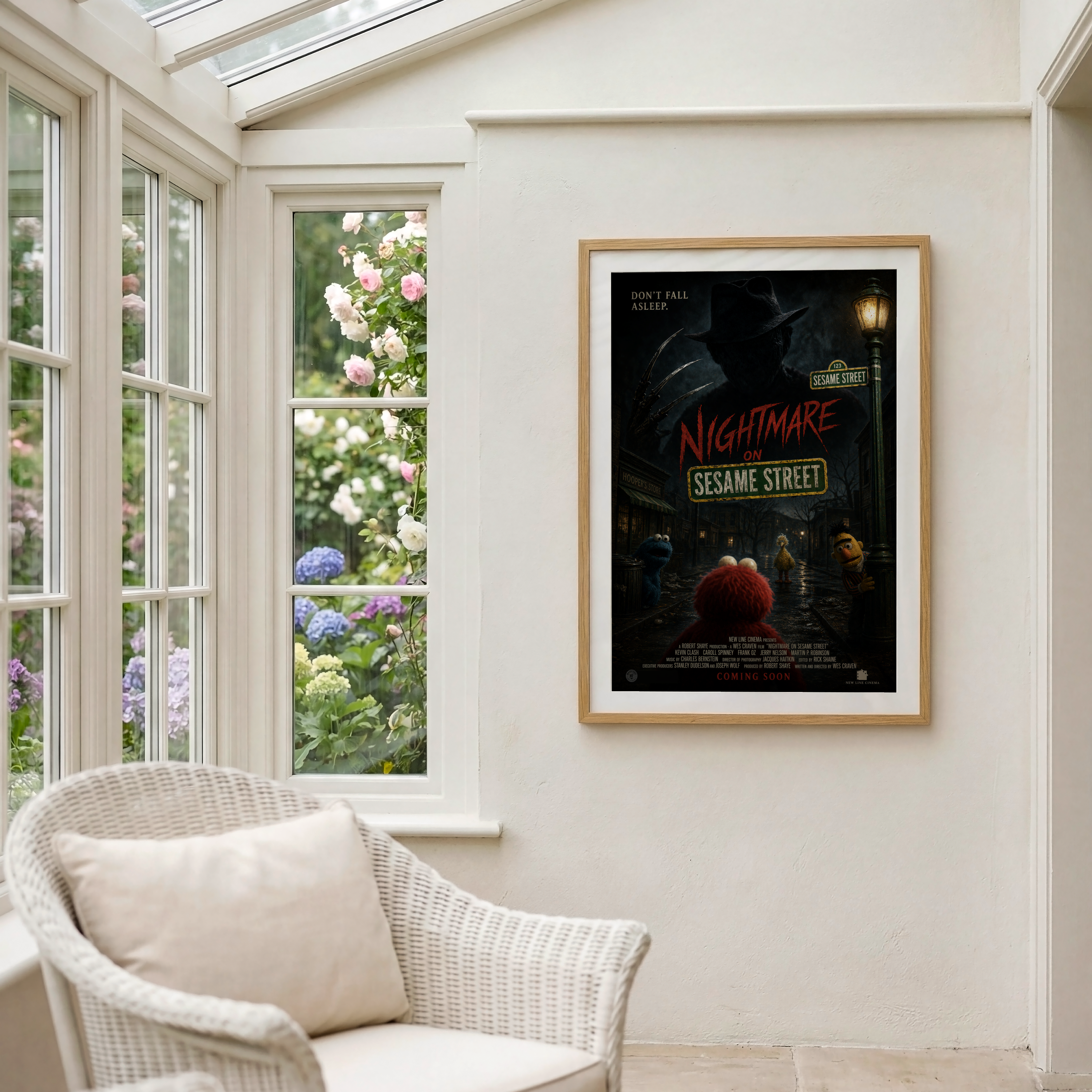 Framed 'Nightmare on Sesame Street' poster on a wall with a window view of flowers.