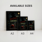 Three framed posters of 'Nightmare on Sesame Street' with available sizes A2, A3, and A4 displayed below.