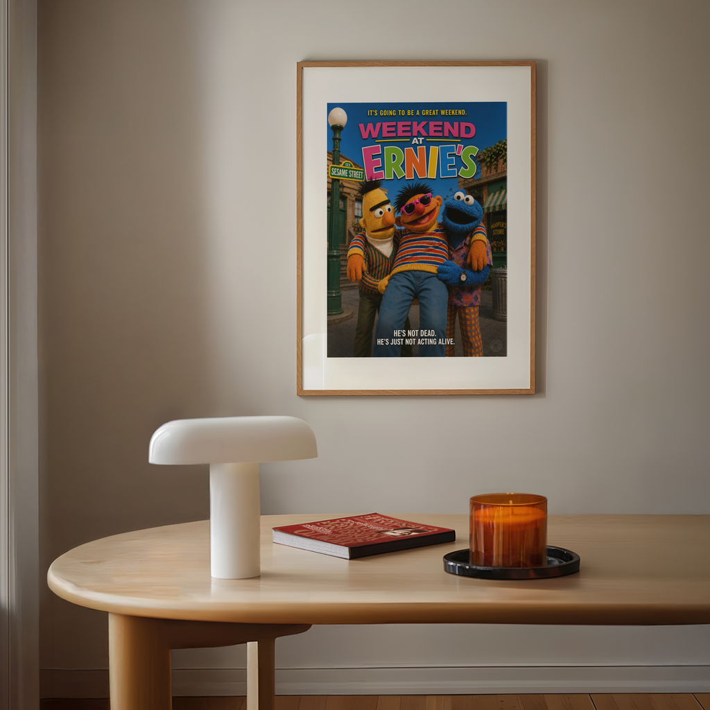 Framed poster of weekend at ernie's parody sesame street characters on a wall above a table with decor items.