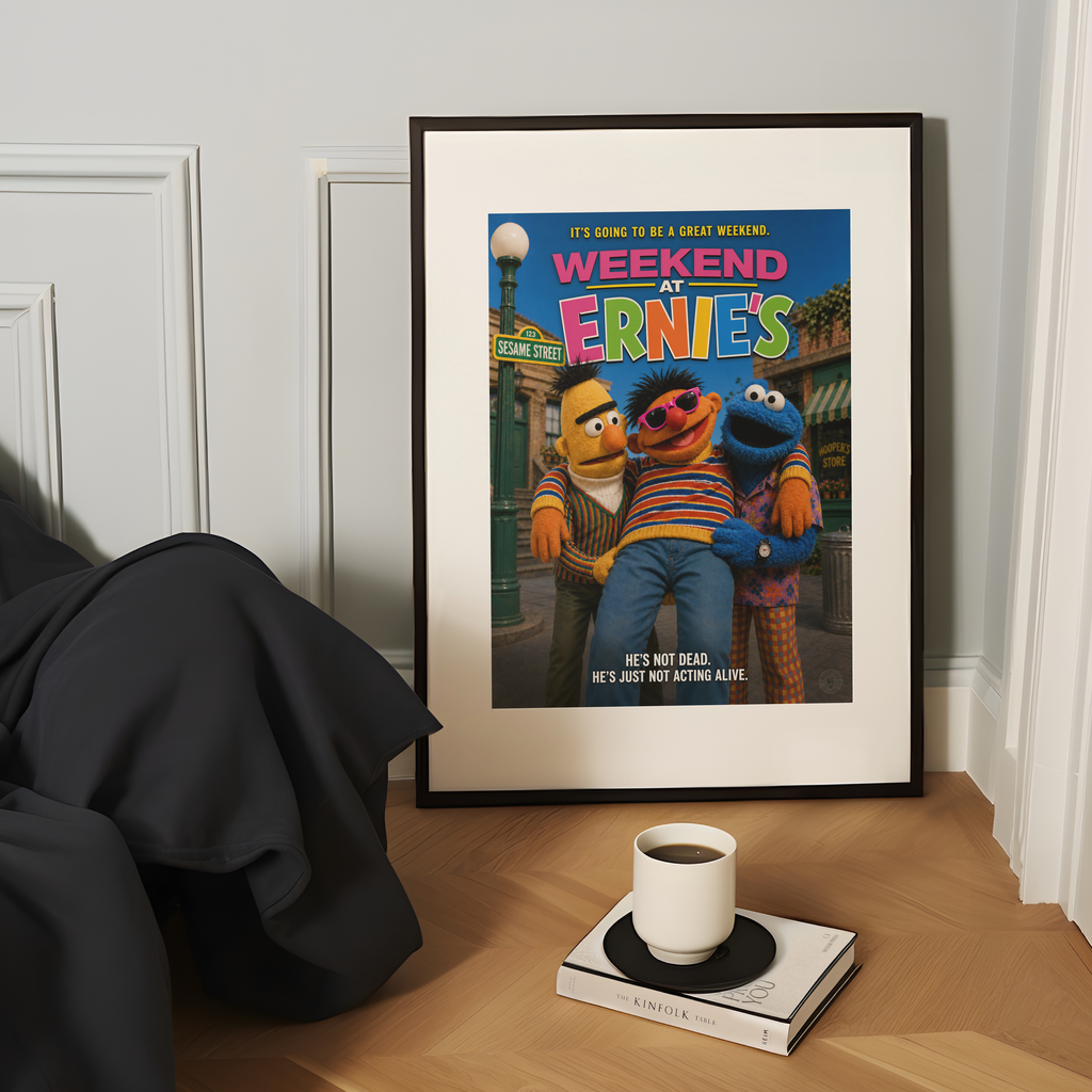Framed movie poster of 'Weekend at Ernies' on a wall with a cup and book on a table below.