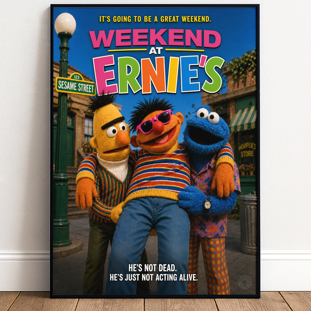 a framed sesame street parody movie poster entitled weekend at ernie's