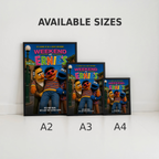 Three framed posters of 'Weekend at Ernie's' with different sizes labeled A2, A3, and A4 on a white background.