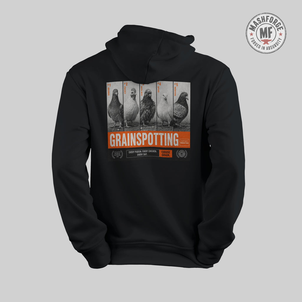 Black hoodie with 'Grainspotting' graphic on a gray background