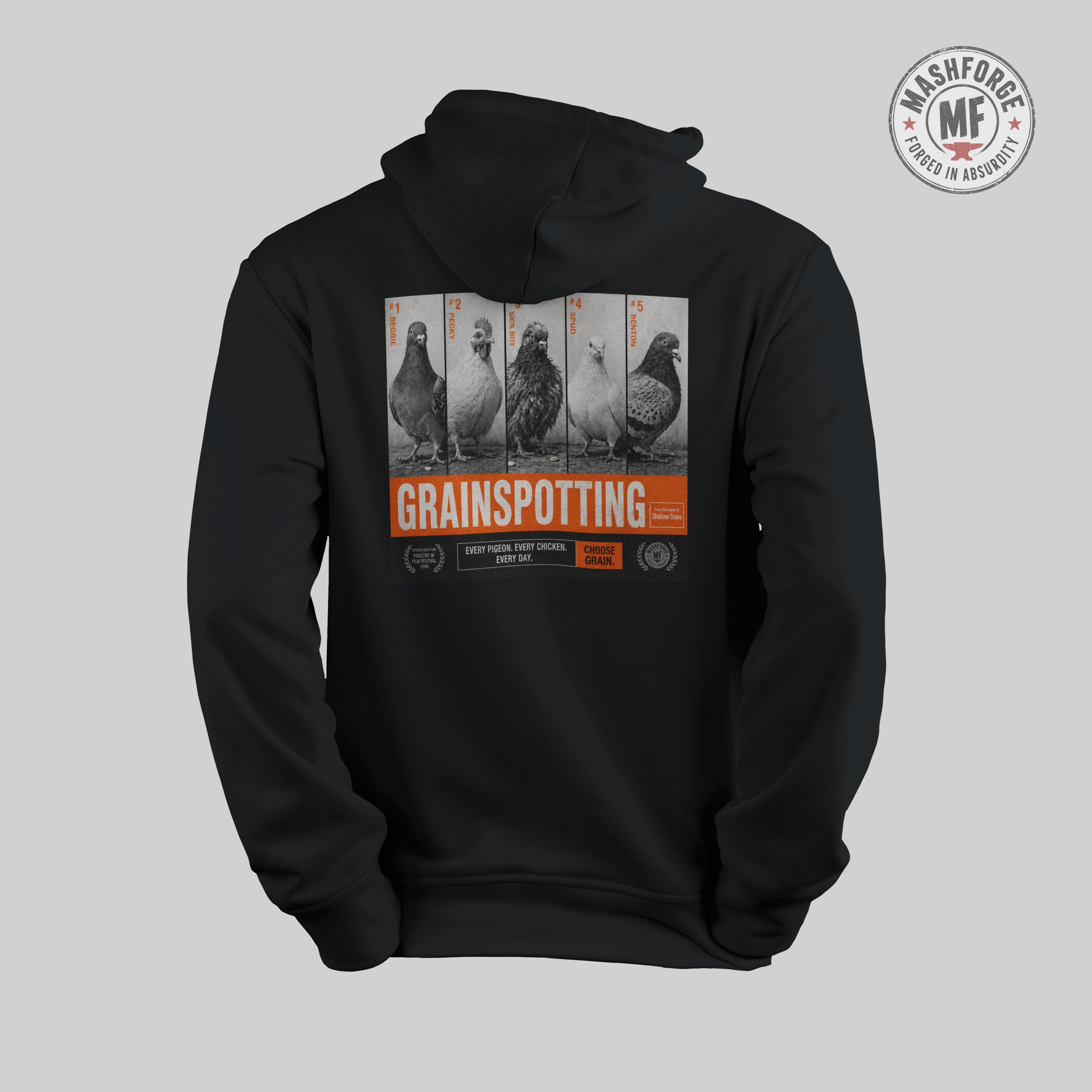Black hoodie with 'Grainspotting' graphic on a gray background