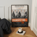 Funny trainspotting parody poster titled grainspotting and with pigeons and bird characters