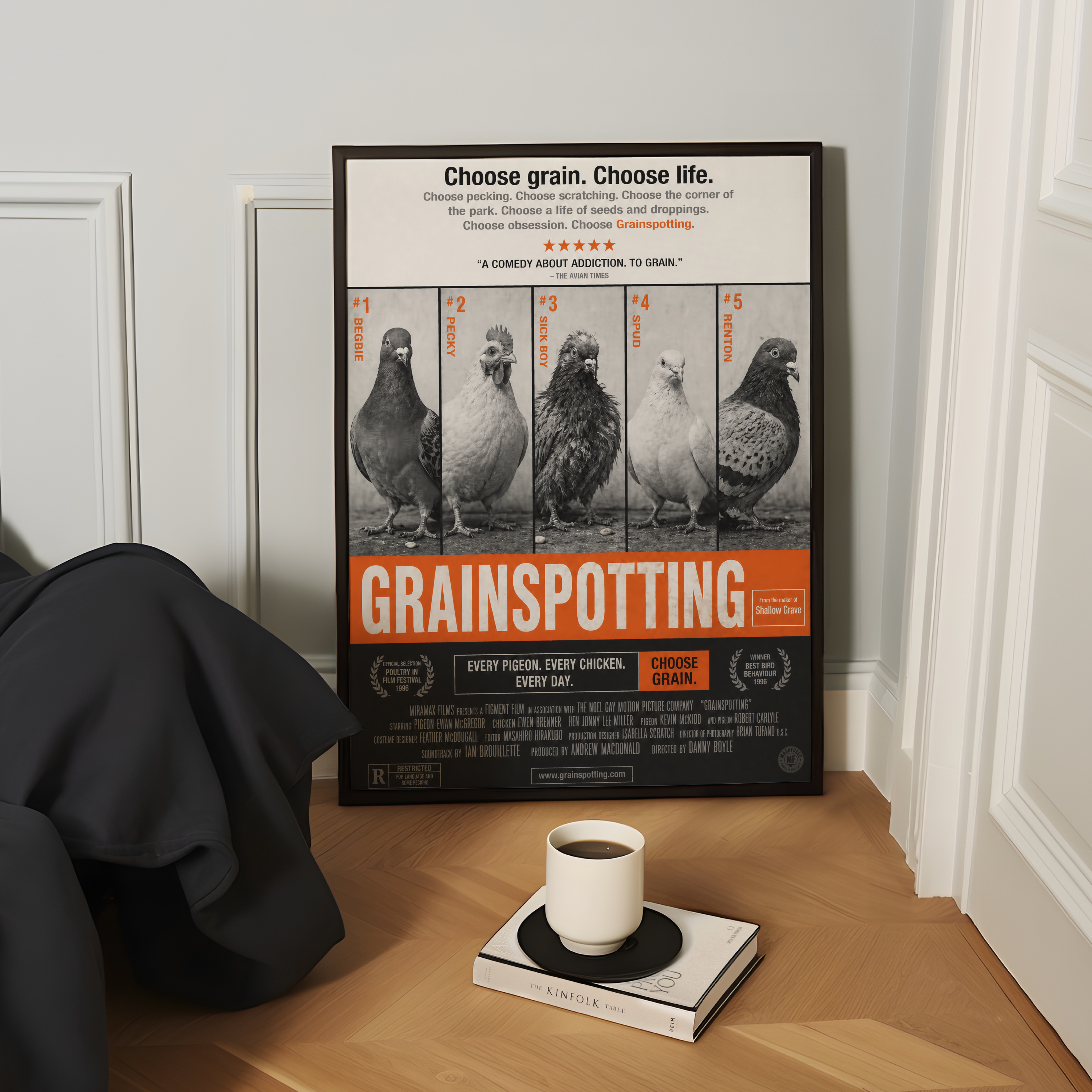 Funny trainspotting parody poster titled grainspotting and with pigeons and bird characters