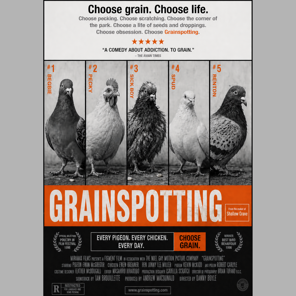Funny trainspotting parody poster titled grainspotting and with pigeons and bird characters