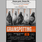Funny trainspotting parody poster titled grainspotting and with pigeons and bird characters