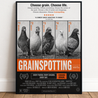 Funny trainspotting parody poster titled grainspotting and with pigeons and bird characters