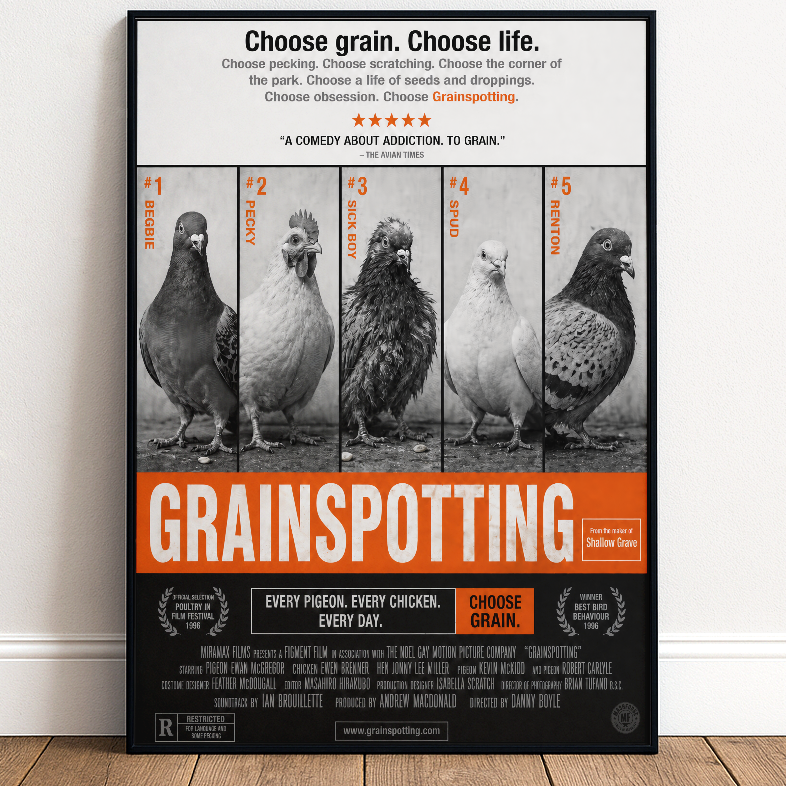 Funny trainspotting parody poster titled grainspotting and with pigeons and bird characters