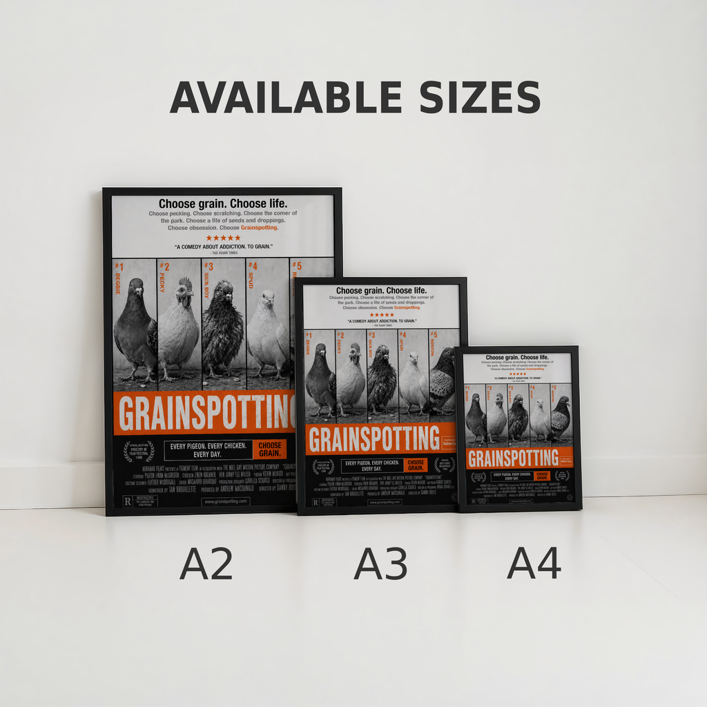Funny trainspotting parody poster titled grainspotting and with pigeons and bird characters size guide