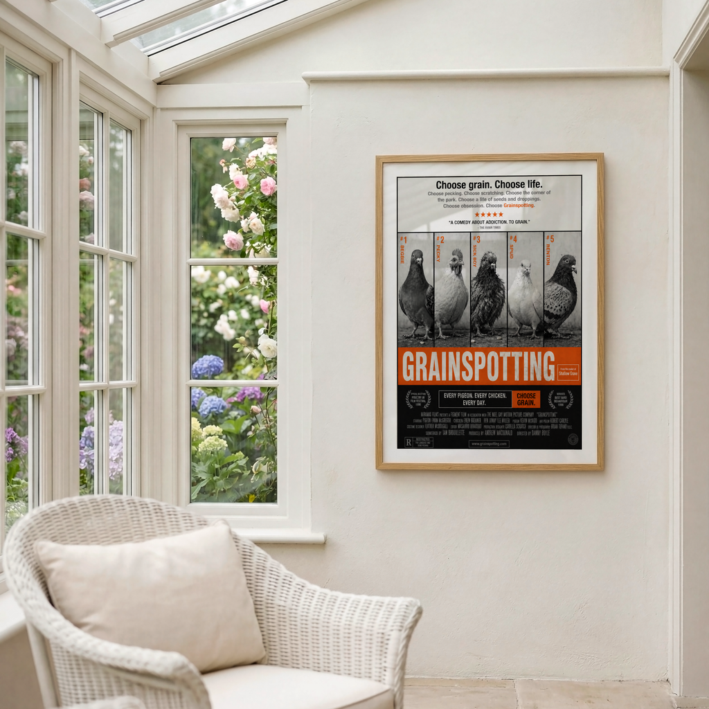 Funny trainspotting parody poster titled grainspotting and with pigeons and bird characters