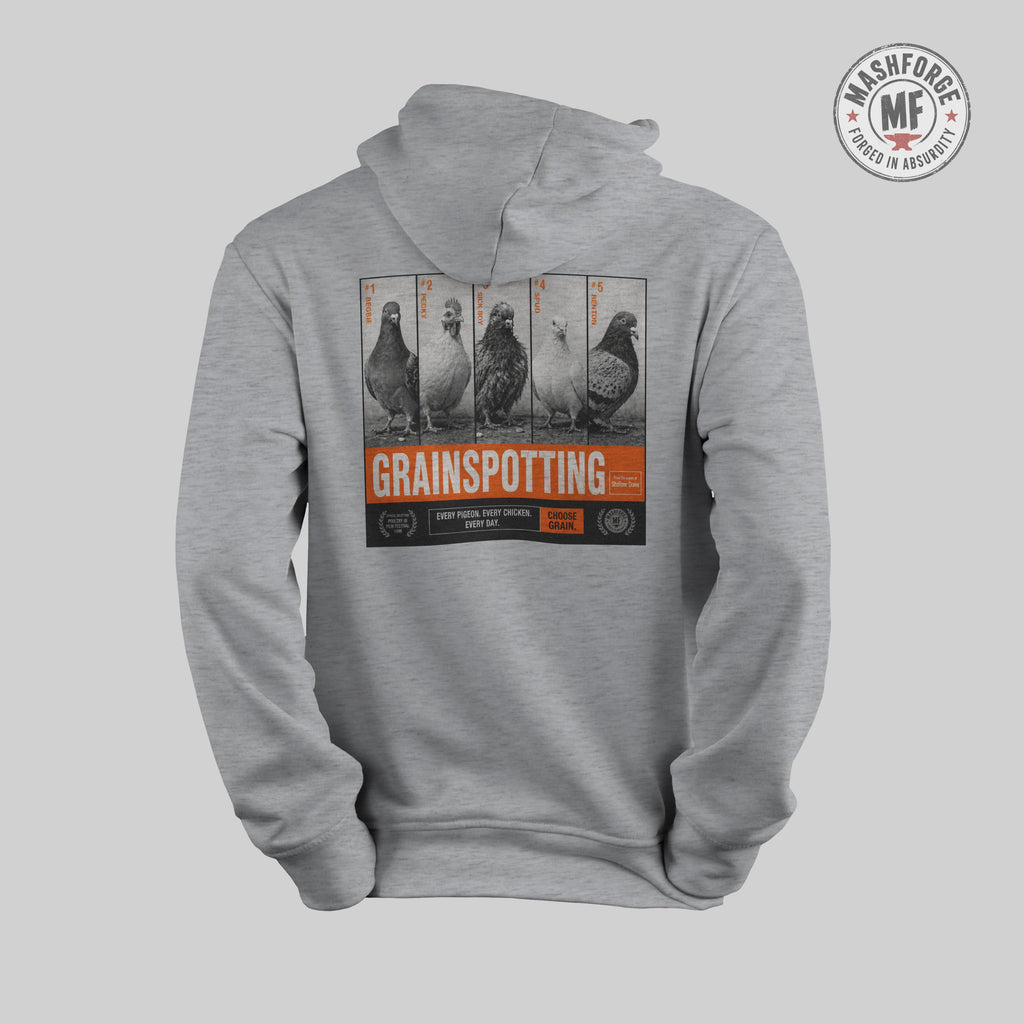 Gray hoodie with 'Grainspotting' graphic on a light gray background