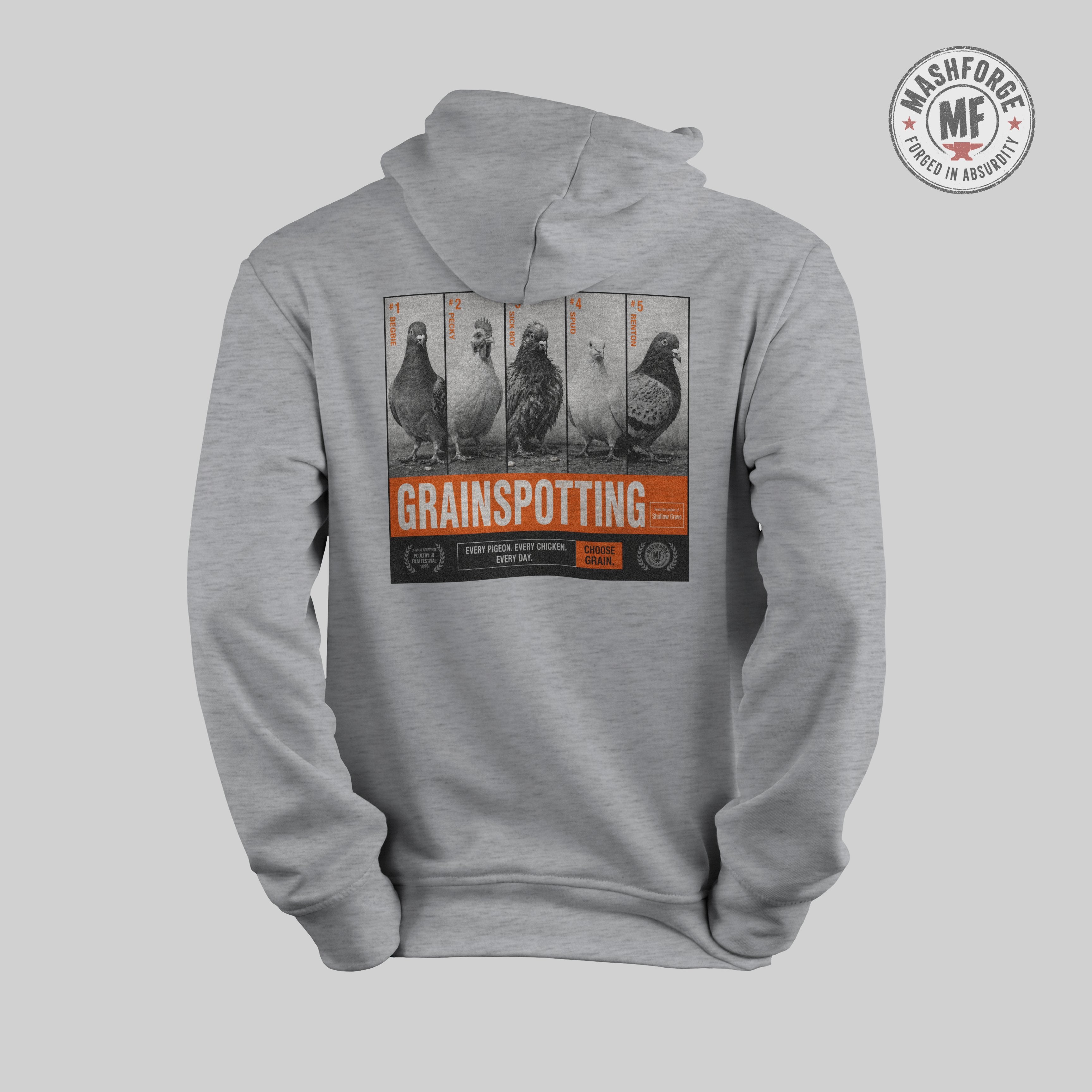 Gray hoodie with 'Grainspotting' graphic on a light gray background