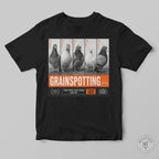 Black t-shirt with 'Grainspotting' graphic featuring pigeons on a gray background