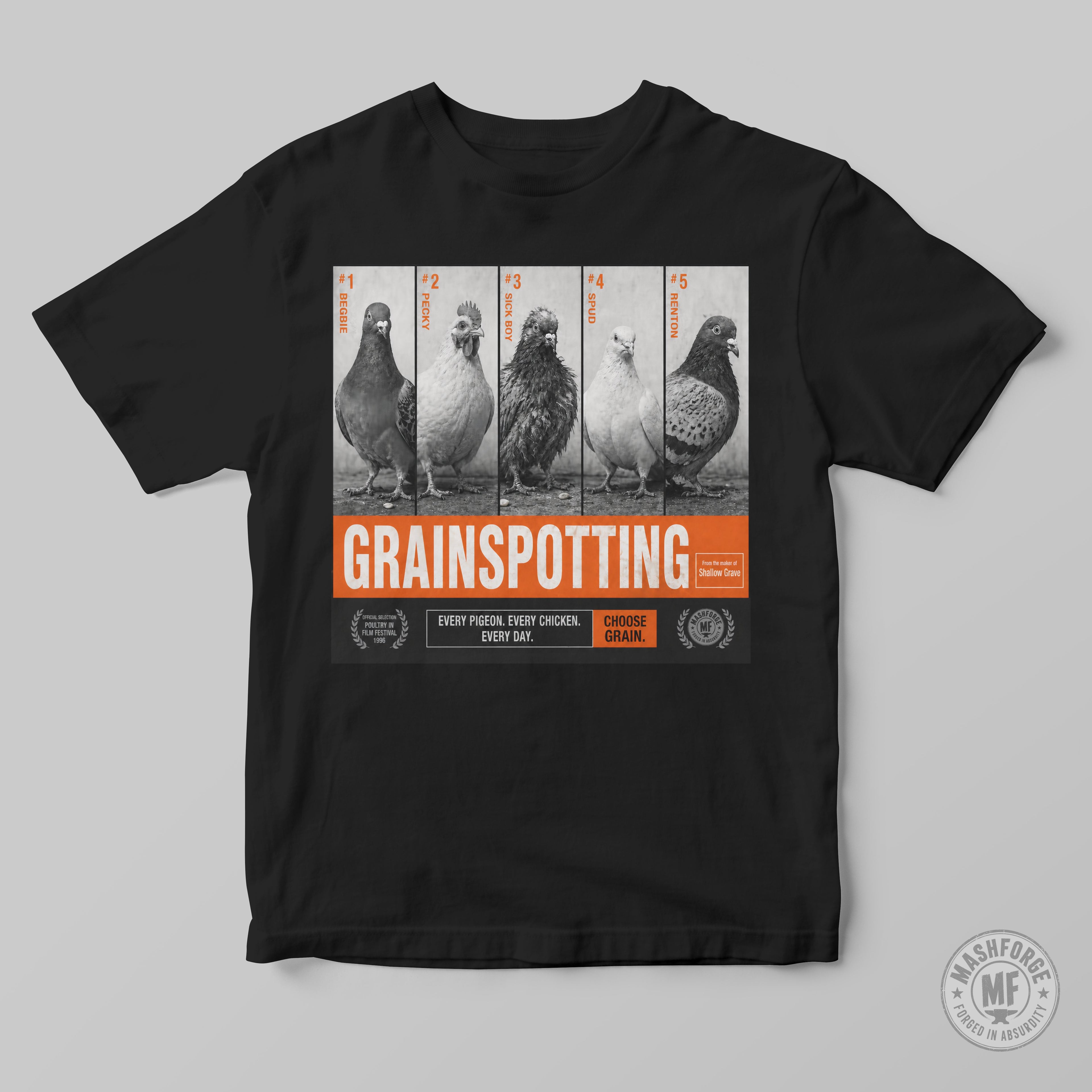 Black t-shirt with 'Grainspotting' graphic featuring pigeons on a gray background