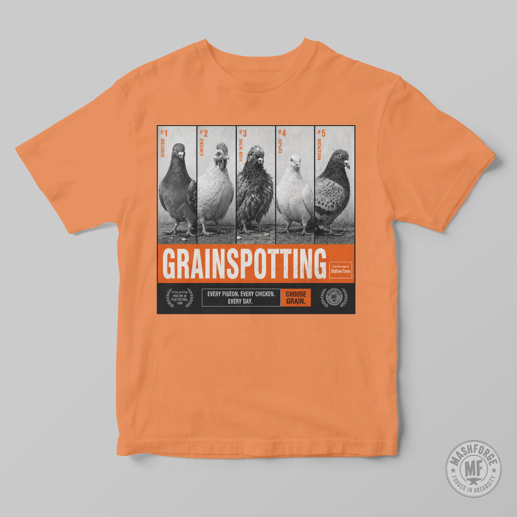 Orange t-shirt with 'Grainspotting' graphic featuring pigeons on a gray background