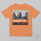 Orange t-shirt with 'Grainspotting' graphic featuring pigeons on a gray background