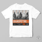 White t-shirt with 'Grainspotting' graphic featuring pigeons on a gray background